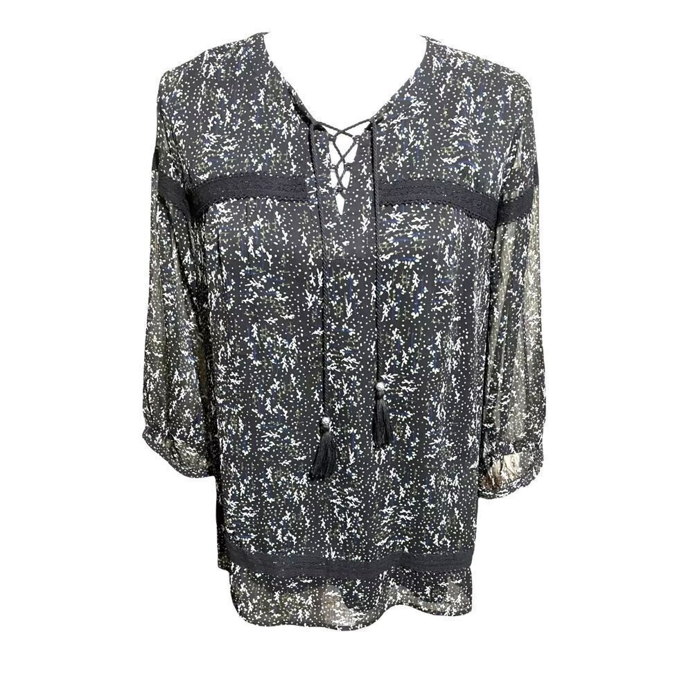 Vintage cottage blouses top long ties print black white sleeve plus size 1X